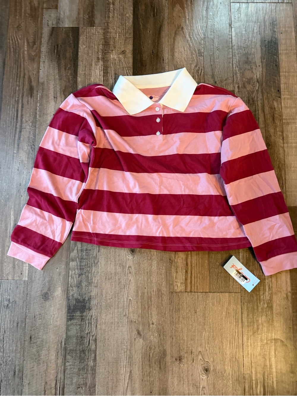 Cat & Jack Pink and Burgundy Striped Long-Sleeve Polo Sz 14